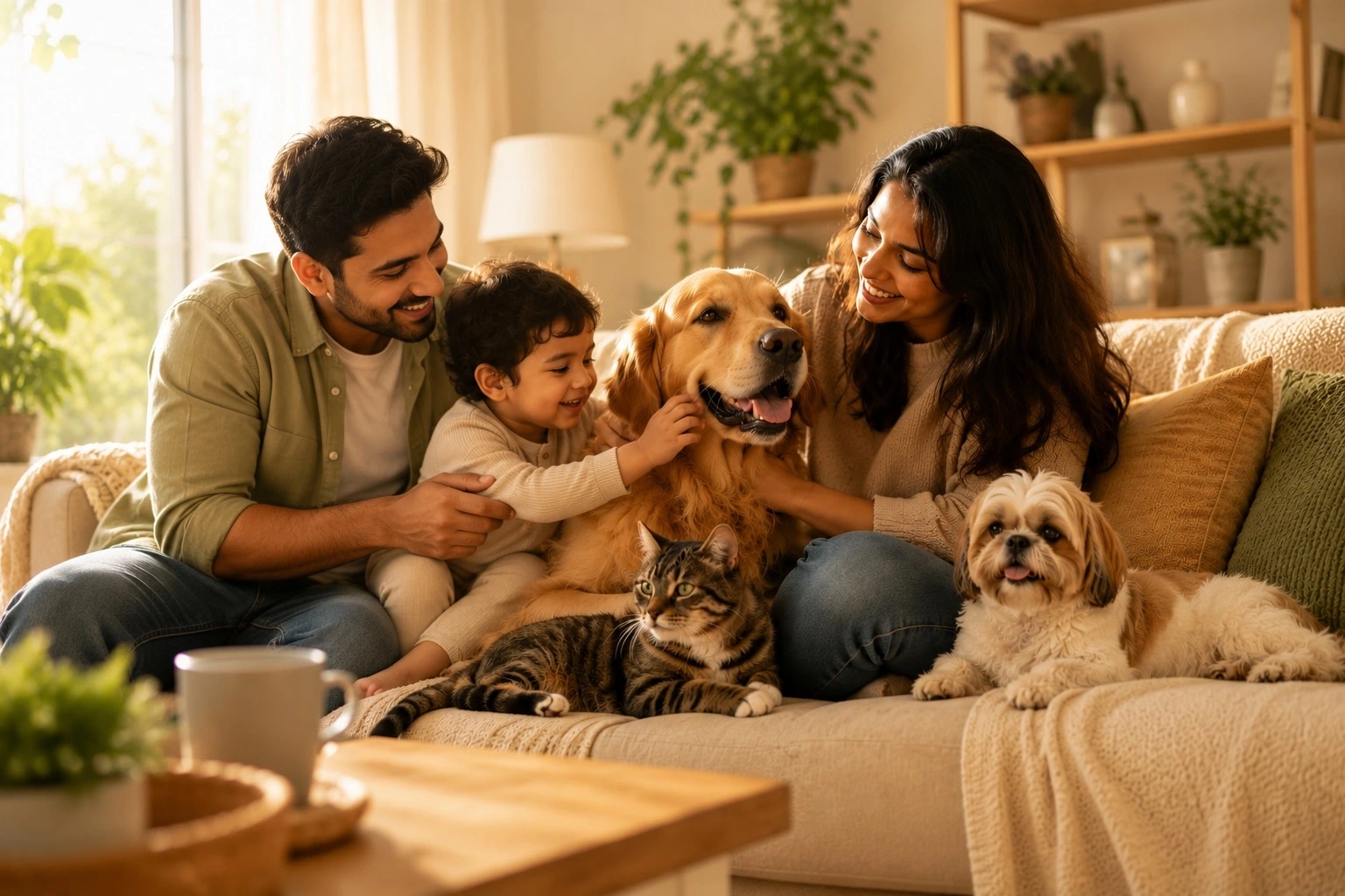 A warm photo of pets and people